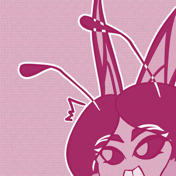 Pink monochromatic image of an anthropomorphic butterfly's head