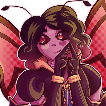Portrait of an anthropomorphic butterfly girl with dark hair and a pondering bemused smile as she twiddles her fingers.